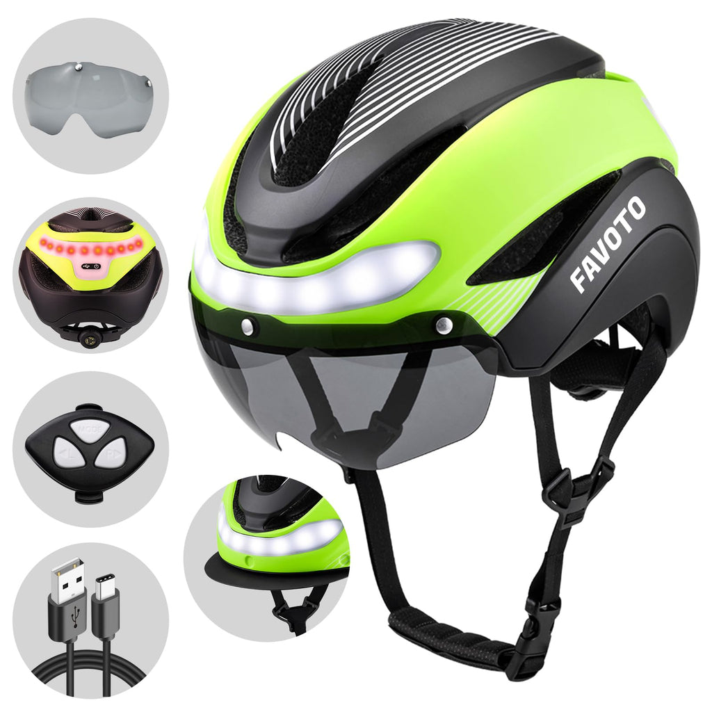 Favoto Bike Helmet with Turn Signals - CPSC Certificated Dual Shell Helmet with Removable Visor & Goggles USB Rechargeable