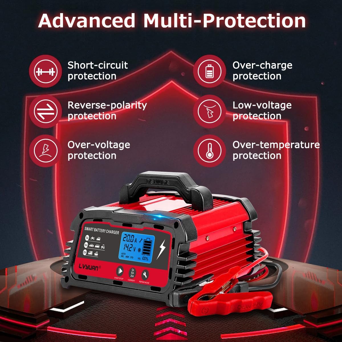 LVYUAN 25Amp Smart Car Battery Charger, 12V/24V Automotive Charger, Lead-Acid Battery, LiFePO4 Battery Maintainer with LCD Display, Trickle Charger, for Lawn Mower, Motorcycle, AGM, STD, Gel, EFB,etc