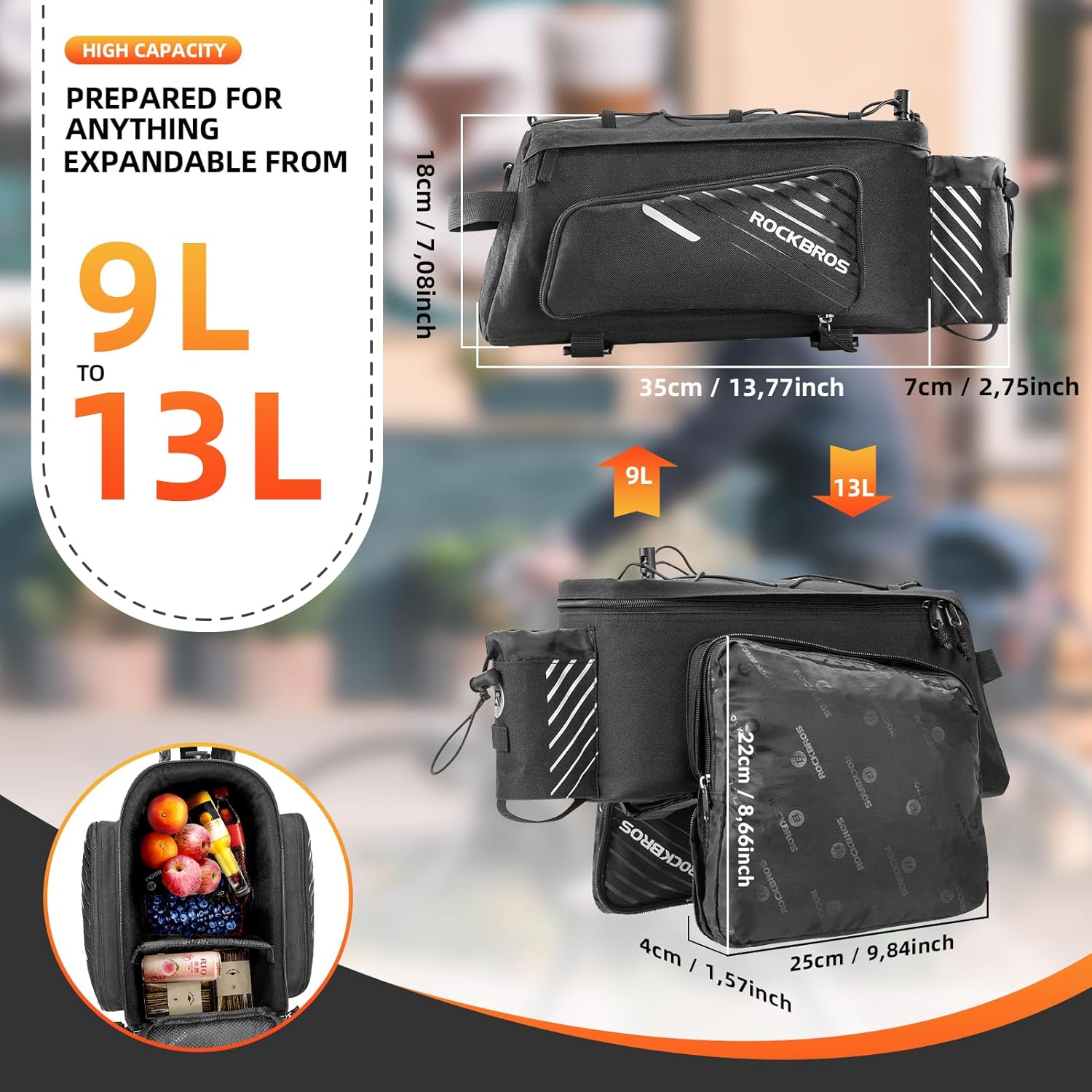 ROCKBROS Bike Rack Bag Bicycle Bag Trunk Rear Rack Bag Bike Panniers Bike Accessories Basket Storage Luggage Saddle Shoulder Bag 13L for E bike, Bicycle With Rain Cover Biking Accessories Gear