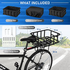 Upgraded Rear Bike Rack with Basket, Removable Adjustable Bike Basket Rear with Liner,Waterproof Cover,Cargo Net, Heavy Duty Bicycle Rear Basket for Most Bikes and E-Bike