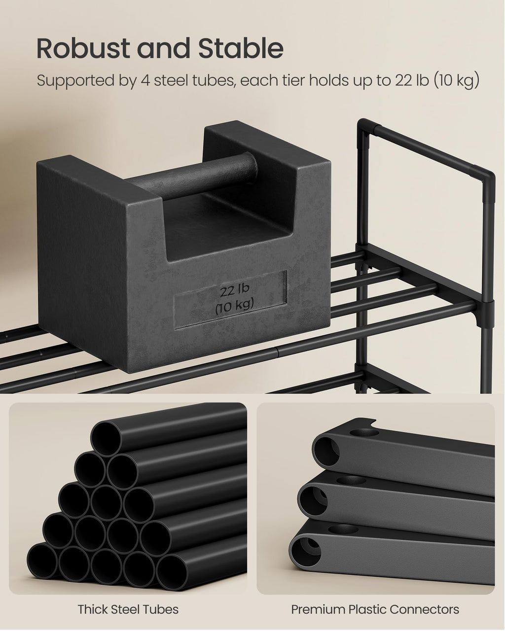 SONGMICS Shoe Rack, 3-Tier Shoe Organizer, Metal Storage Shelf, Upright or Upside Down, for 16-20 Pairs, Stackable, for Entryway, 11.8 x 36.2 x 21.7 Inches, Black ULSA303B02