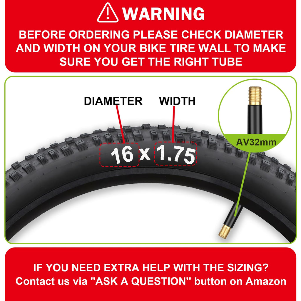 2 Pack 12"/14"/16"/18"/ 20"/ 22"/24"/ 26"/27.5"/28"/29" x1.75/1.95/2.10/2.125 Bicycle Tube with 2 Tire Levers, with 32mm AV Schrader Valve, Reliable Inner Tube for Kids/Road/MTB Bike (2 of One Size)