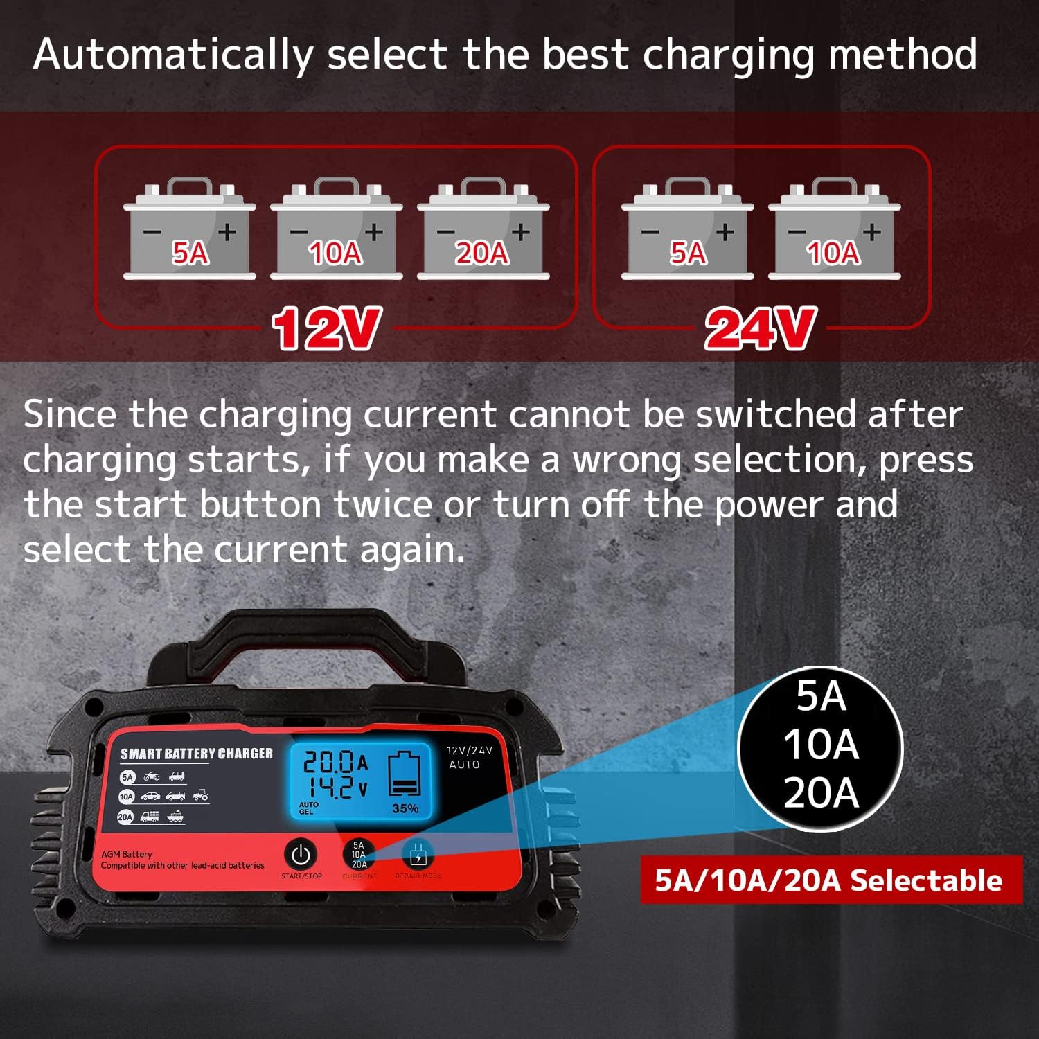 LVYUAN 25Amp Smart Car Battery Charger, 12V/24V Automotive Charger, Lead-Acid Battery, LiFePO4 Battery Maintainer with LCD Display, Trickle Charger, for Lawn Mower, Motorcycle, AGM, STD, Gel, EFB,etc