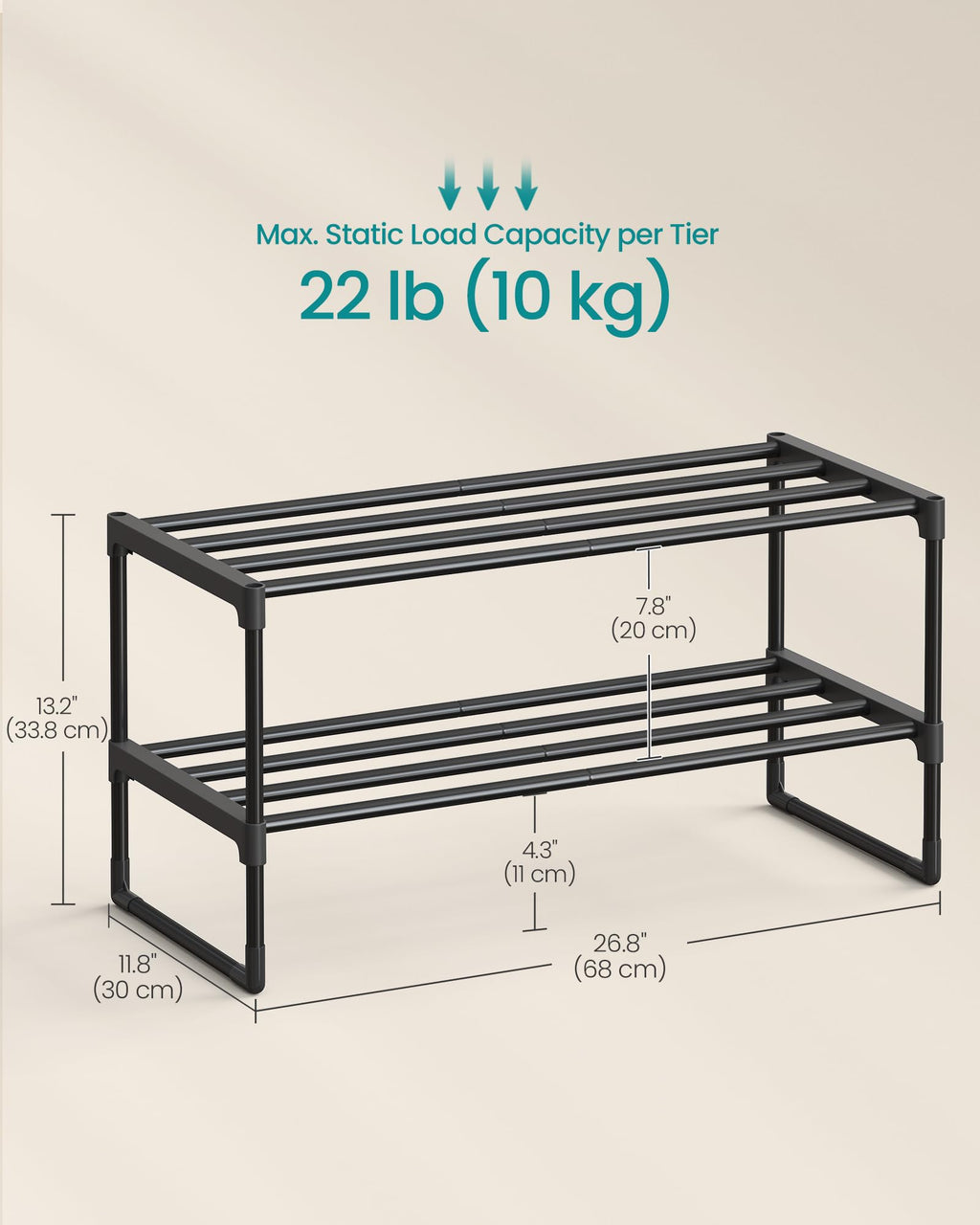 SONGMICS Shoe Rack, 3-Tier Shoe Organizer, Metal Storage Shelf, Upright or Upside Down, for 16-20 Pairs, Stackable, for Entryway, 11.8 x 36.2 x 21.7 Inches, Black ULSA303B02