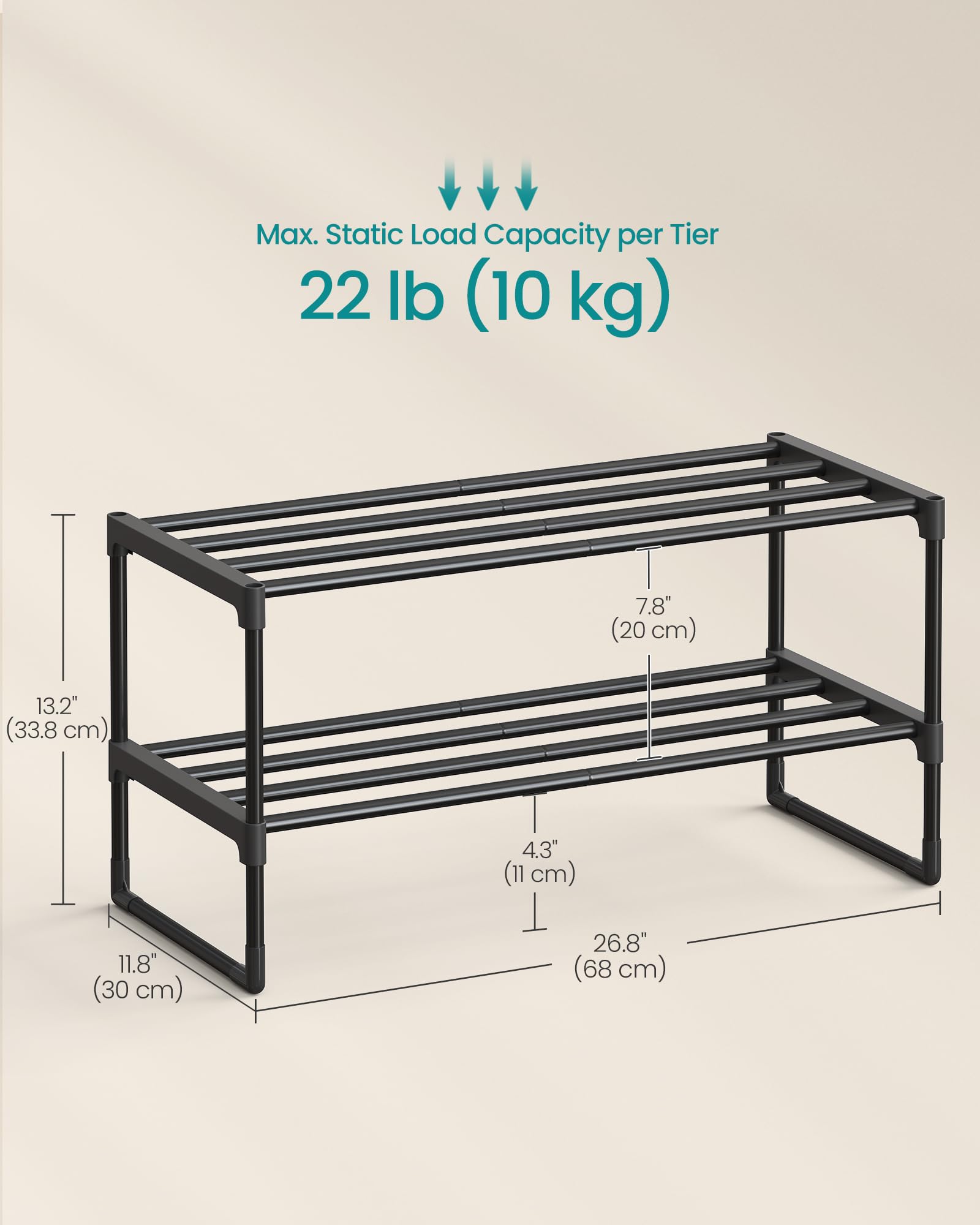 SONGMICS Shoe Rack, 3-Tier Shoe Organizer, Metal Storage Shelf, Upright or Upside Down, for 16-20 Pairs, Stackable, for Entryway, 11.8 x 36.2 x 21.7 Inches, Black ULSA303B02