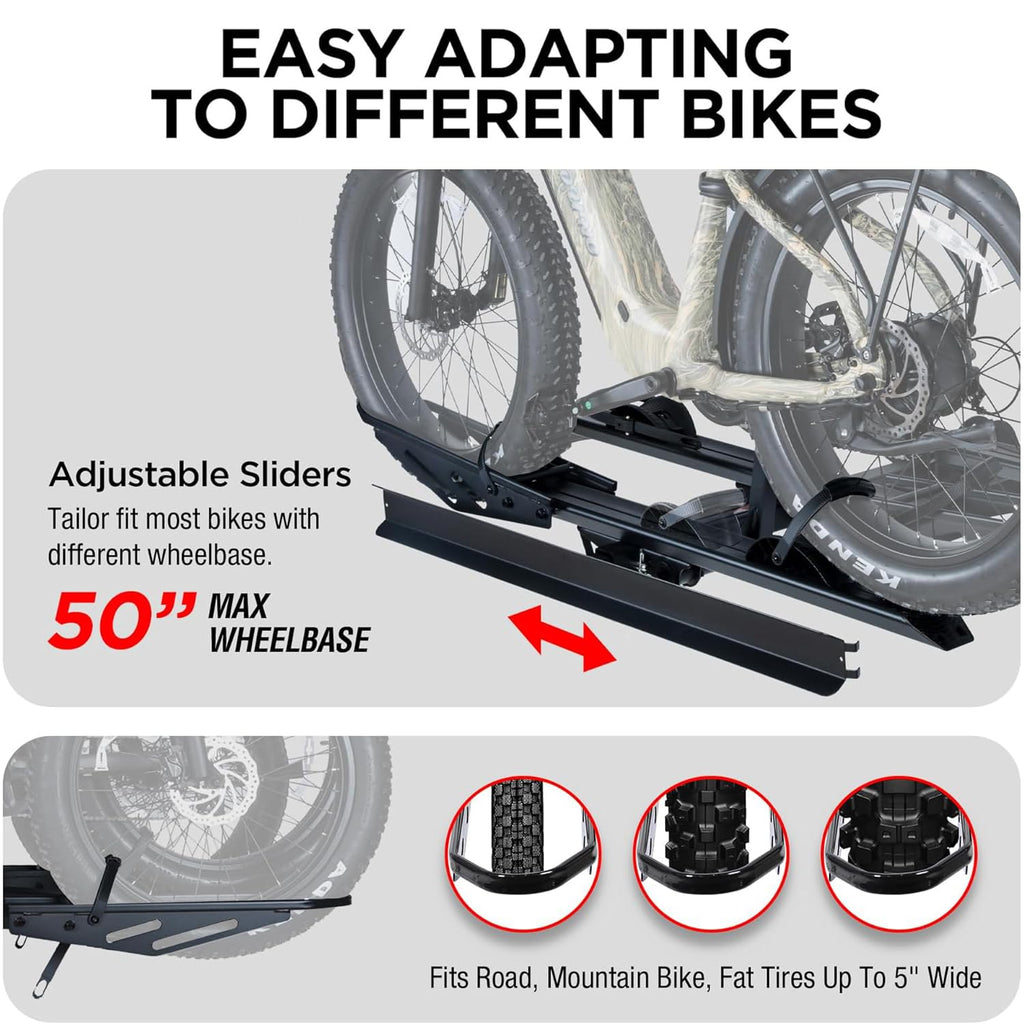 RokRack S One 1-Ebike Rack with Ramp, 100 lbs Capacity, Single Hitch Mount Electric Bike Rack, Fits up to 5" Fat Tire Width and 50" Wheelbase, Ebike Carrier Rack for 2" Receiver for Cars SUVs Vans RVs
