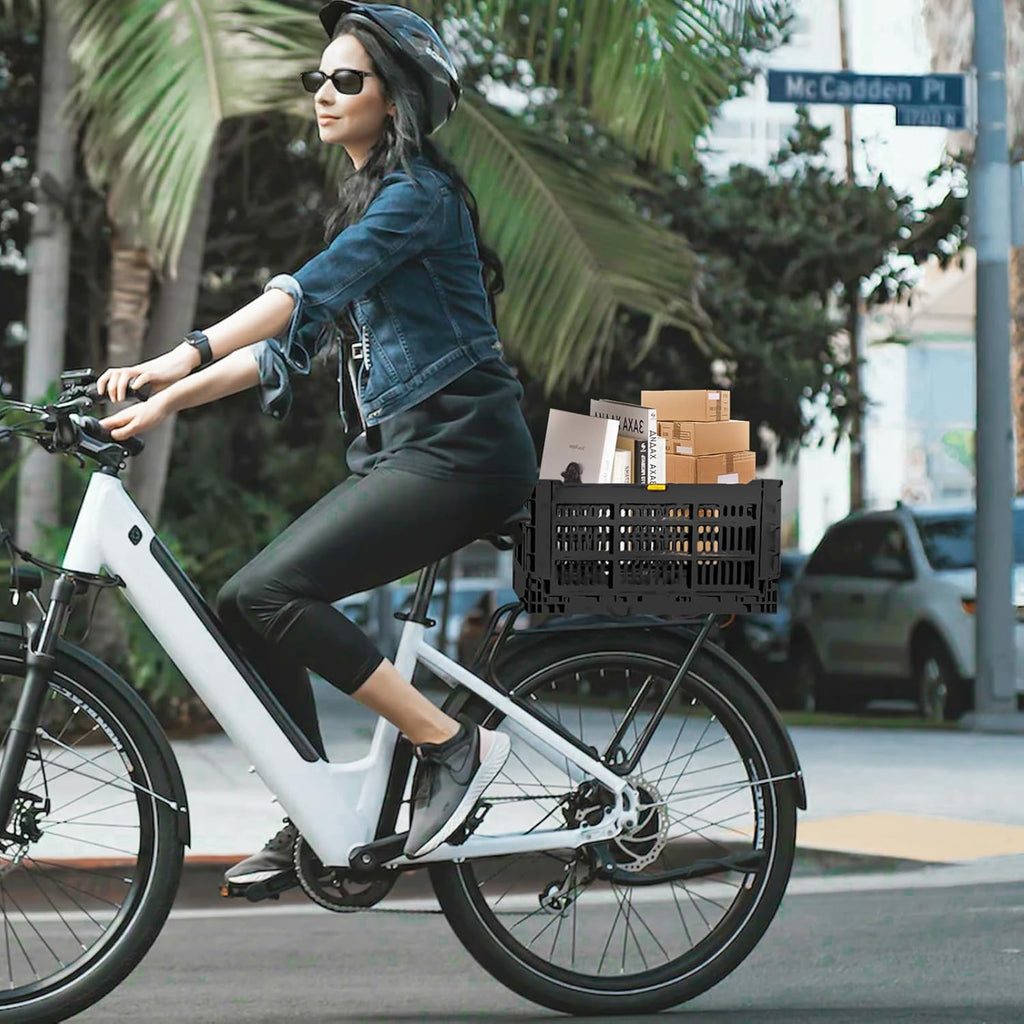 YEEGO DIRECT Bike Basket Rear, Folding Large Capacity Rear Bike Baskets, Collapsible Bicycle Storage Bike Milk Crate Rear Rack,Waterproof Cover for Shopping,Outings,Pets E-Bike Accessories (Black)