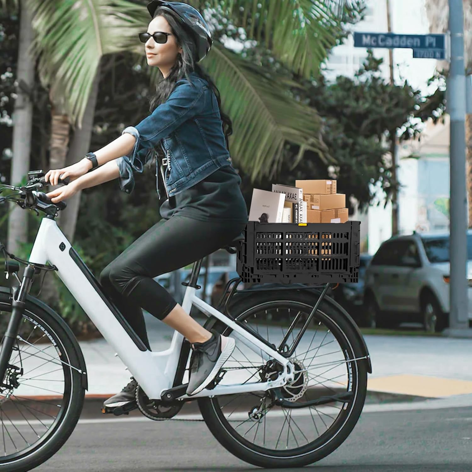 YEEGO DIRECT Bike Basket Rear, Folding Large Capacity Rear Bike Baskets, Collapsible Bicycle Storage Bike Milk Crate Rear Rack,Waterproof Cover for Shopping,Outings,Pets E-Bike Accessories (Black)