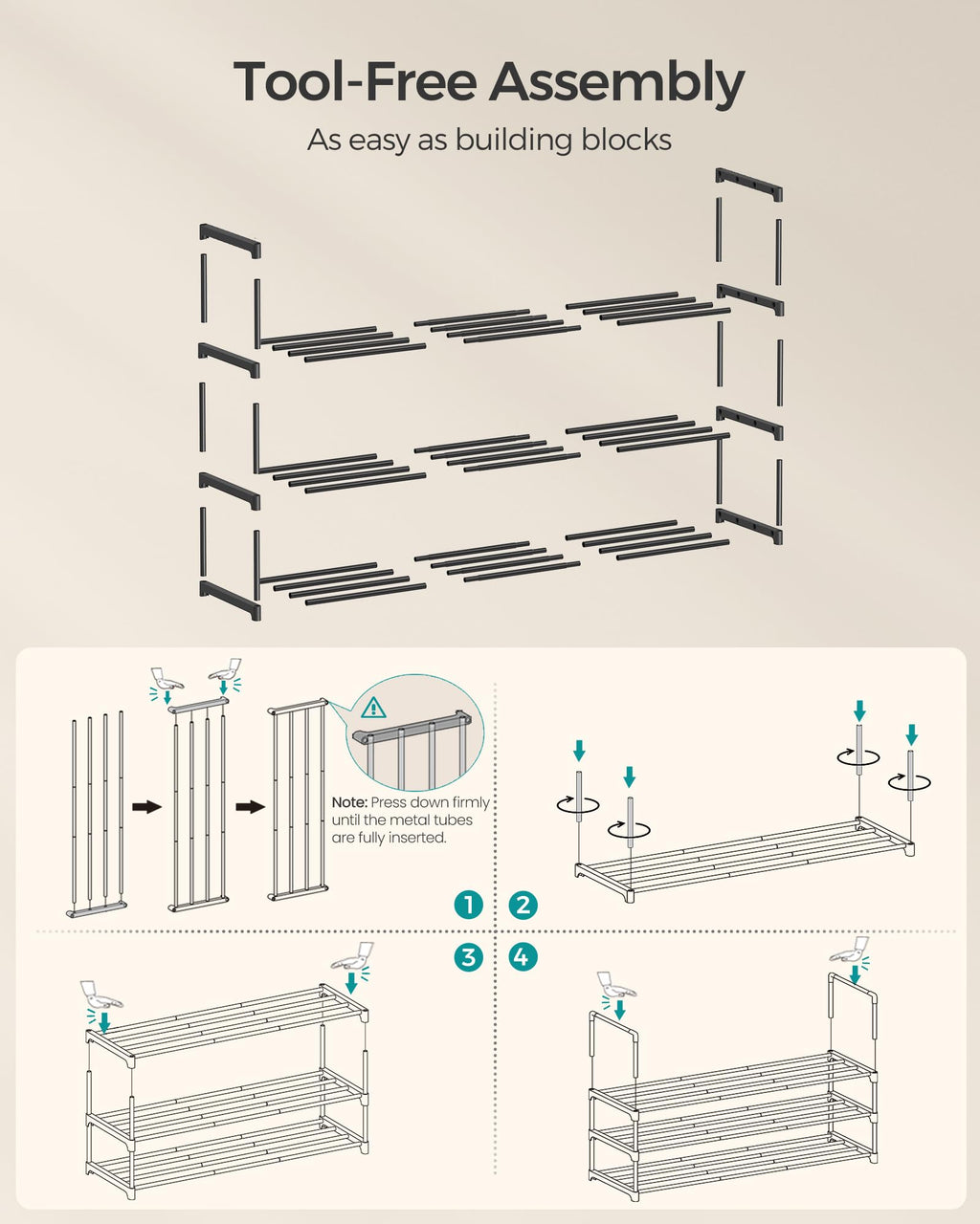 SONGMICS Shoe Rack, 3-Tier Shoe Organizer, Metal Storage Shelf, Upright or Upside Down, for 16-20 Pairs, Stackable, for Entryway, 11.8 x 36.2 x 21.7 Inches, Black ULSA303B02