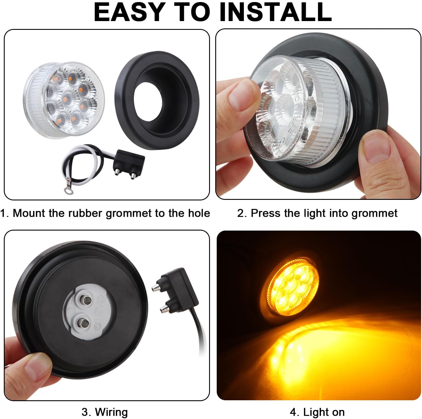 10Pcs 2” Inch Round Led Marker Lights 9 Amber LED Reflectors Clear Lens, 2 Inch Round LED Truck Trailer Clearance Side Marker Lights w/Light Grommets and 2 Prong Trailer Wire Pigtails 12V Waterproof