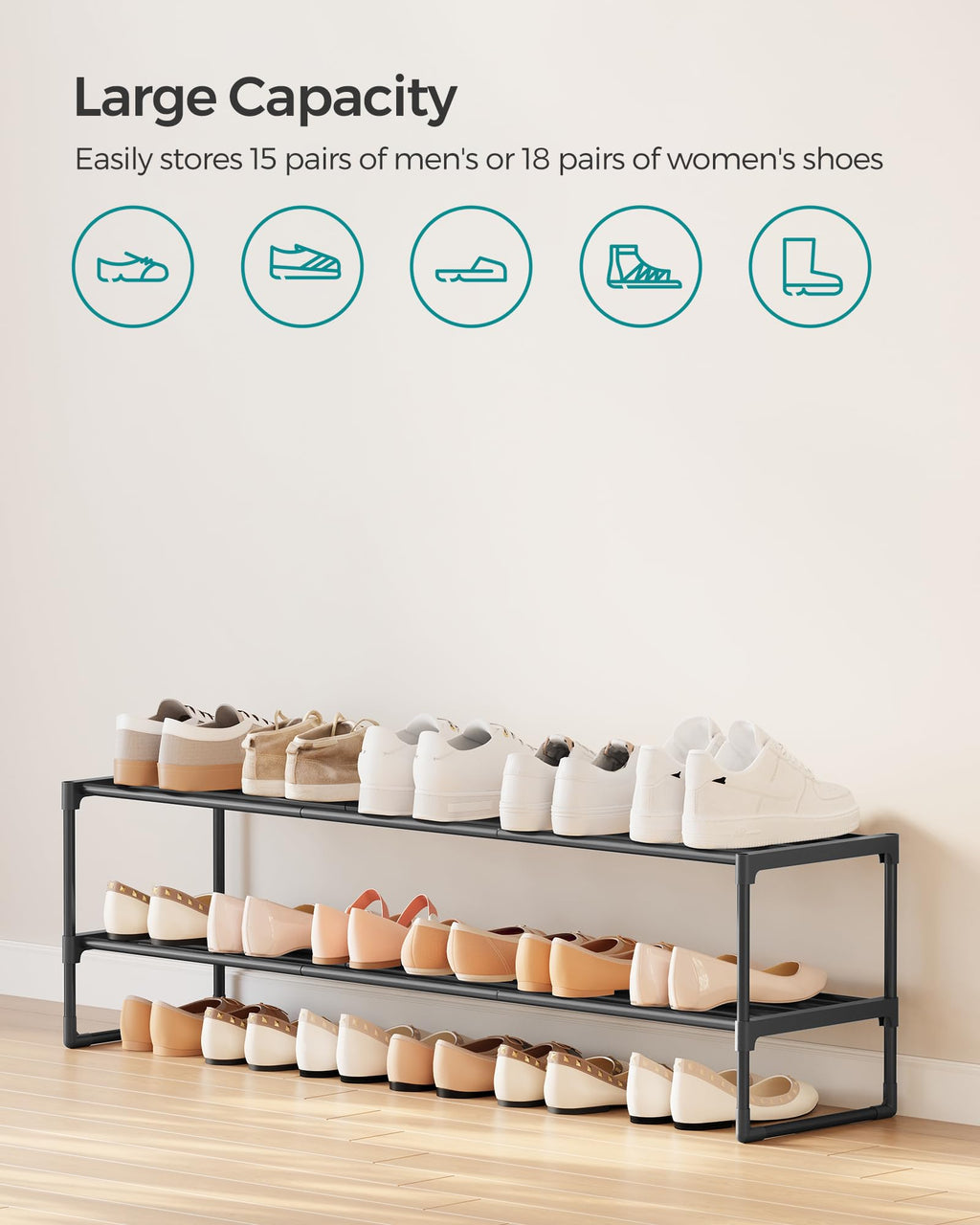 SONGMICS Shoe Rack, 3-Tier Shoe Organizer, Metal Storage Shelf, Upright or Upside Down, for 16-20 Pairs, Stackable, for Entryway, 11.8 x 36.2 x 21.7 Inches, Black ULSA303B02