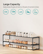 SONGMICS Shoe Rack, 3-Tier Shoe Organizer, Metal Storage Shelf, Upright or Upside Down, for 16-20 Pairs, Stackable, for Entryway, 11.8 x 36.2 x 21.7 Inches, Black ULSA303B02