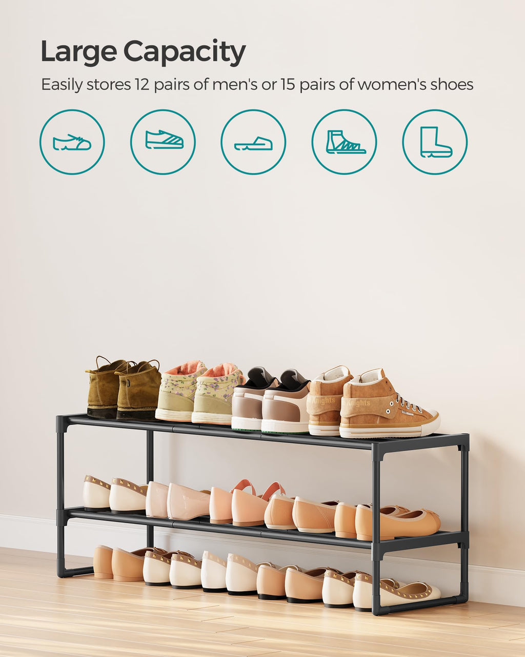 SONGMICS Shoe Rack, 3-Tier Shoe Organizer, Metal Storage Shelf, Upright or Upside Down, for 16-20 Pairs, Stackable, for Entryway, 11.8 x 36.2 x 21.7 Inches, Black ULSA303B02