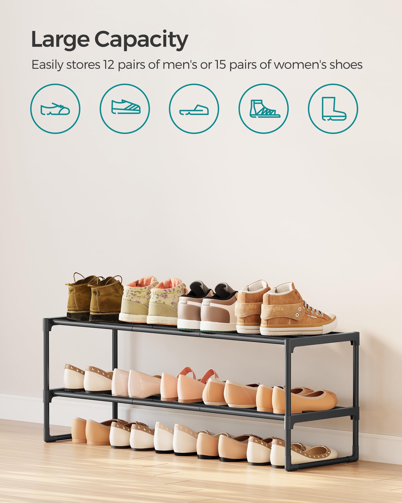 SONGMICS Shoe Rack, 3-Tier Shoe Organizer, Metal Storage Shelf, Upright or Upside Down, for 16-20 Pairs, Stackable, for Entryway, 11.8 x 36.2 x 21.7 Inches, Black ULSA303B02