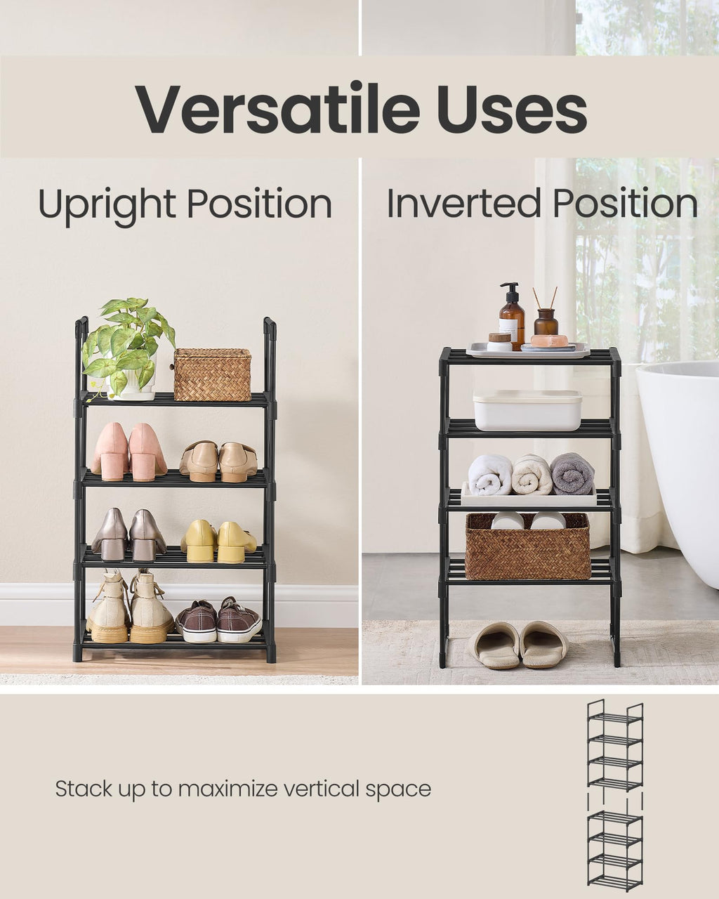 SONGMICS Shoe Rack, 3-Tier Shoe Organizer, Metal Storage Shelf, Upright or Upside Down, for 16-20 Pairs, Stackable, for Entryway, 11.8 x 36.2 x 21.7 Inches, Black ULSA303B02