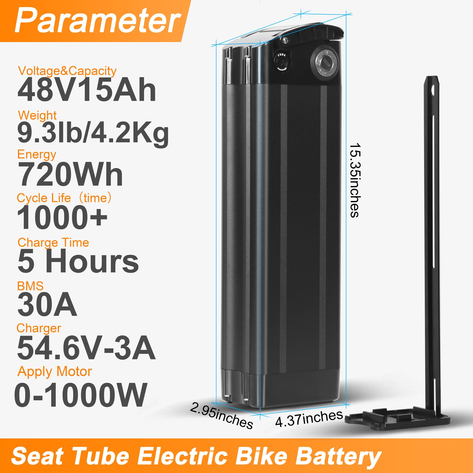 36V 48V E Bike Lithium Battery, Silver Fish Lithium-ion Battery with 30A BMS for 250W/350W/500/750/900/1000W Motors, Safe Lock, Led Indicator Light for Controller (48V 15AH)