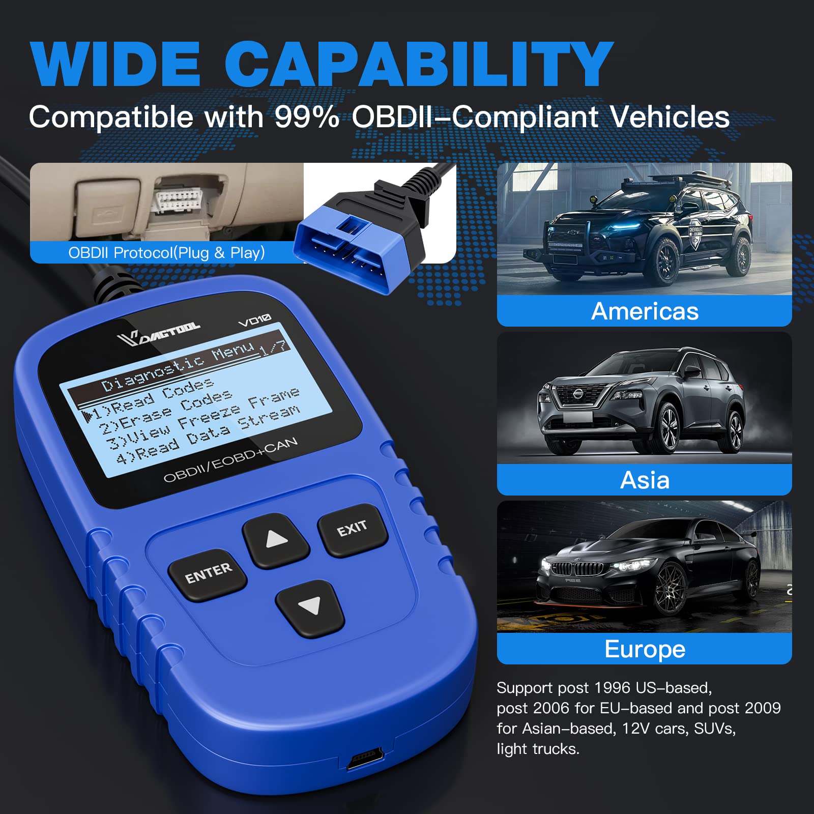 VDIAGTOOL VD10 OBD2 Scanner Code Reader Car Diagnostic Tool Engine Fault Code Reader for Turn Off CEL with Freeze Frame/I/M Readiness for All OBDII Protocol Cars, OBD2 Scanner Diagnostic Tool