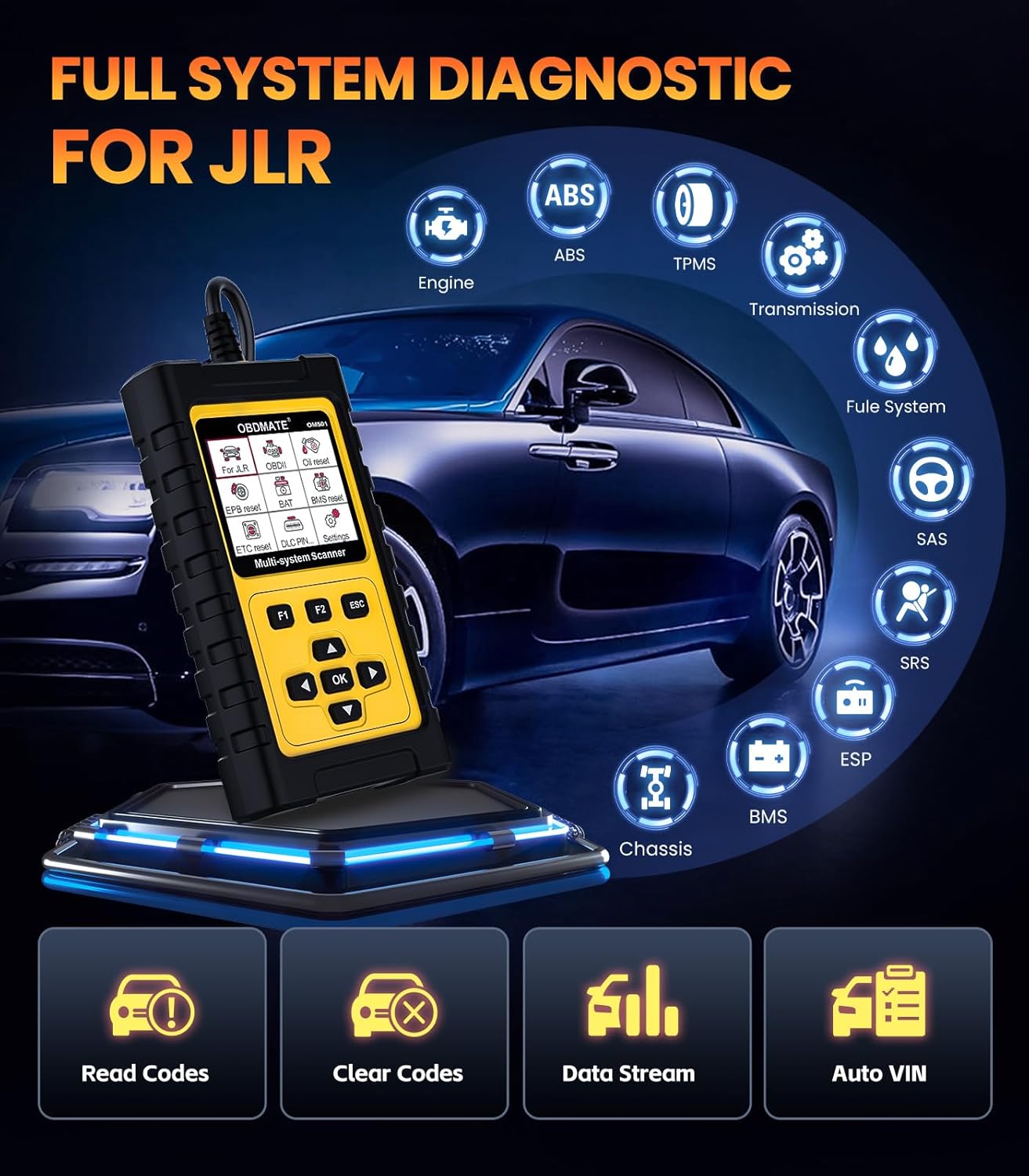 OBD2 Scanner for Jaguar/Land/Rover, OM501 All Systems Diagnostic Tool with 15+ Resets (Oil/ETC/EPB/ABS/SAS/BAT Register...), Full OBDII Functions Read&Erase Fault Codes, Free Software Update