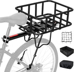 Upgraded Rear Bike Rack with Basket, Removable Adjustable Bike Basket Rear with Liner,Waterproof Cover,Cargo Net, Heavy Duty Bicycle Rear Basket for Most Bikes and E-Bike
