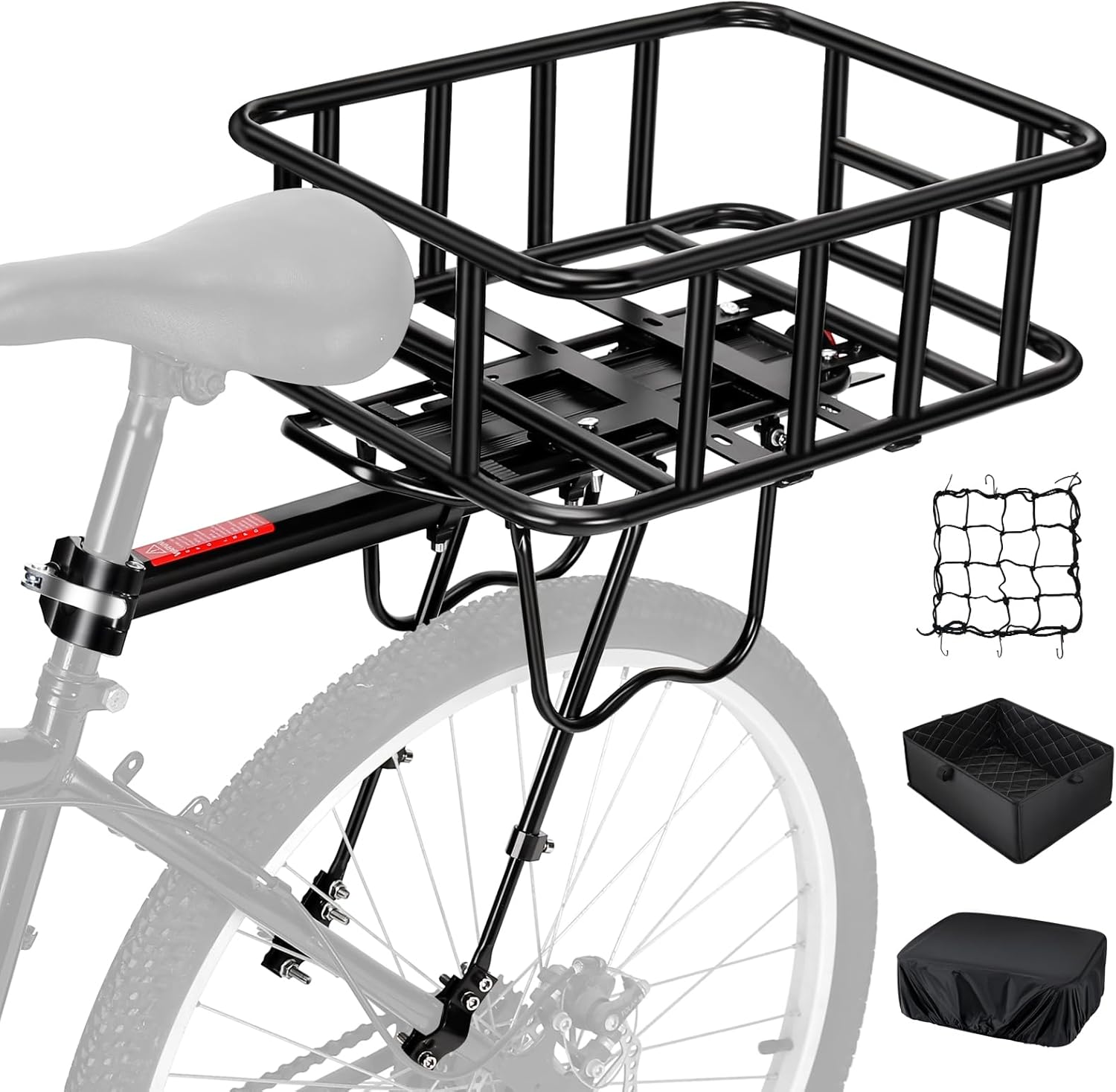 Upgraded Rear Bike Rack with Basket, Removable Adjustable Bike Basket Rear with Liner,Waterproof Cover,Cargo Net, Heavy Duty Bicycle Rear Basket for Most Bikes and E-Bike