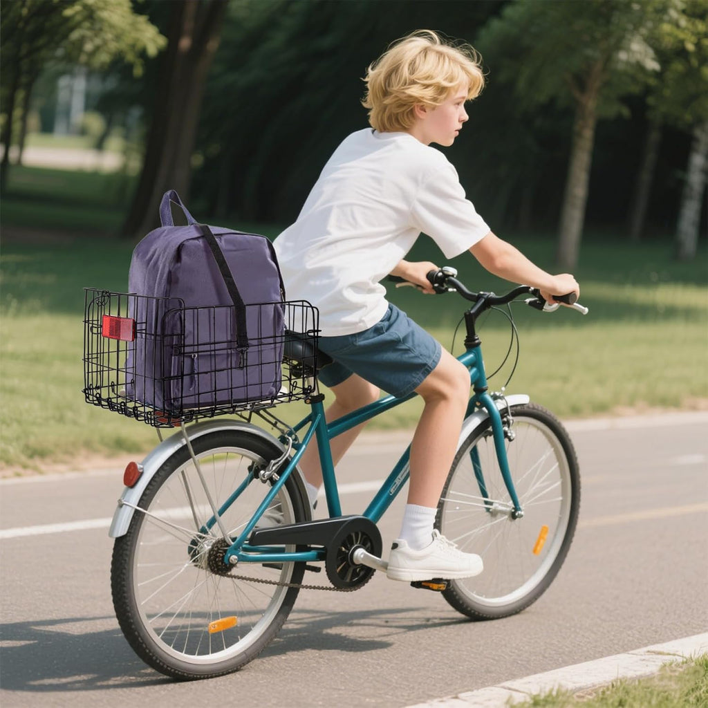 Suwimut Folding Rear Bike Basket, Quickly Release Metal Wire Bicycle Basket Cargo Rack with Strap & Reflective Tail Light for Most Mounted Bike Rack, Adult Women Men Carrying Dogs, Pets, Grocery