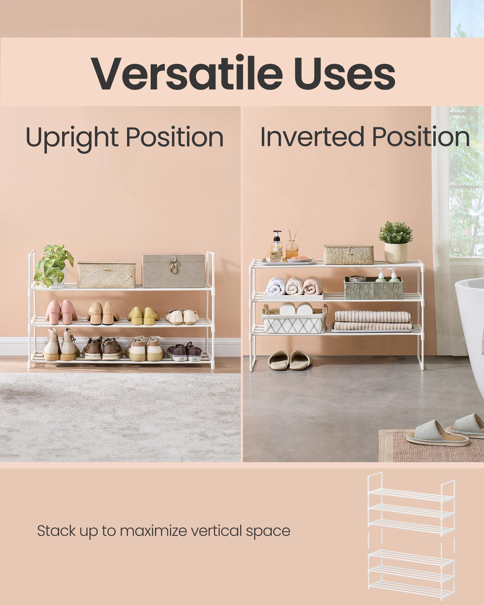 SONGMICS Shoe Rack, 3-Tier Shoe Organizer, Metal Storage Shelf, Upright or Upside Down, for 16-20 Pairs, Stackable, for Entryway, 11.8 x 36.2 x 21.7 Inches, Black ULSA303B02