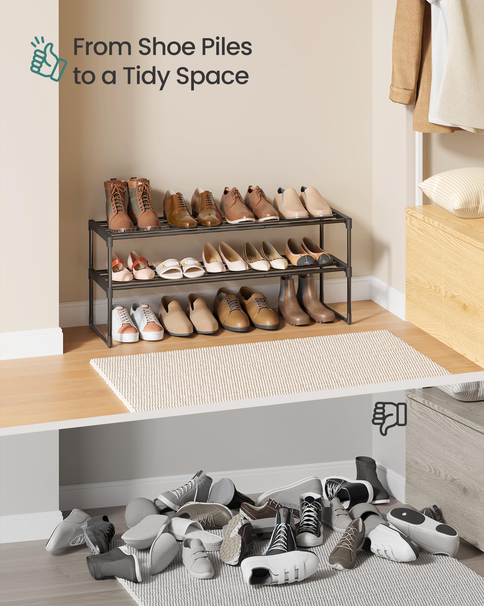 SONGMICS Shoe Rack, 3-Tier Shoe Organizer, Metal Storage Shelf, Upright or Upside Down, for 16-20 Pairs, Stackable, for Entryway, 11.8 x 36.2 x 21.7 Inches, Black ULSA303B02