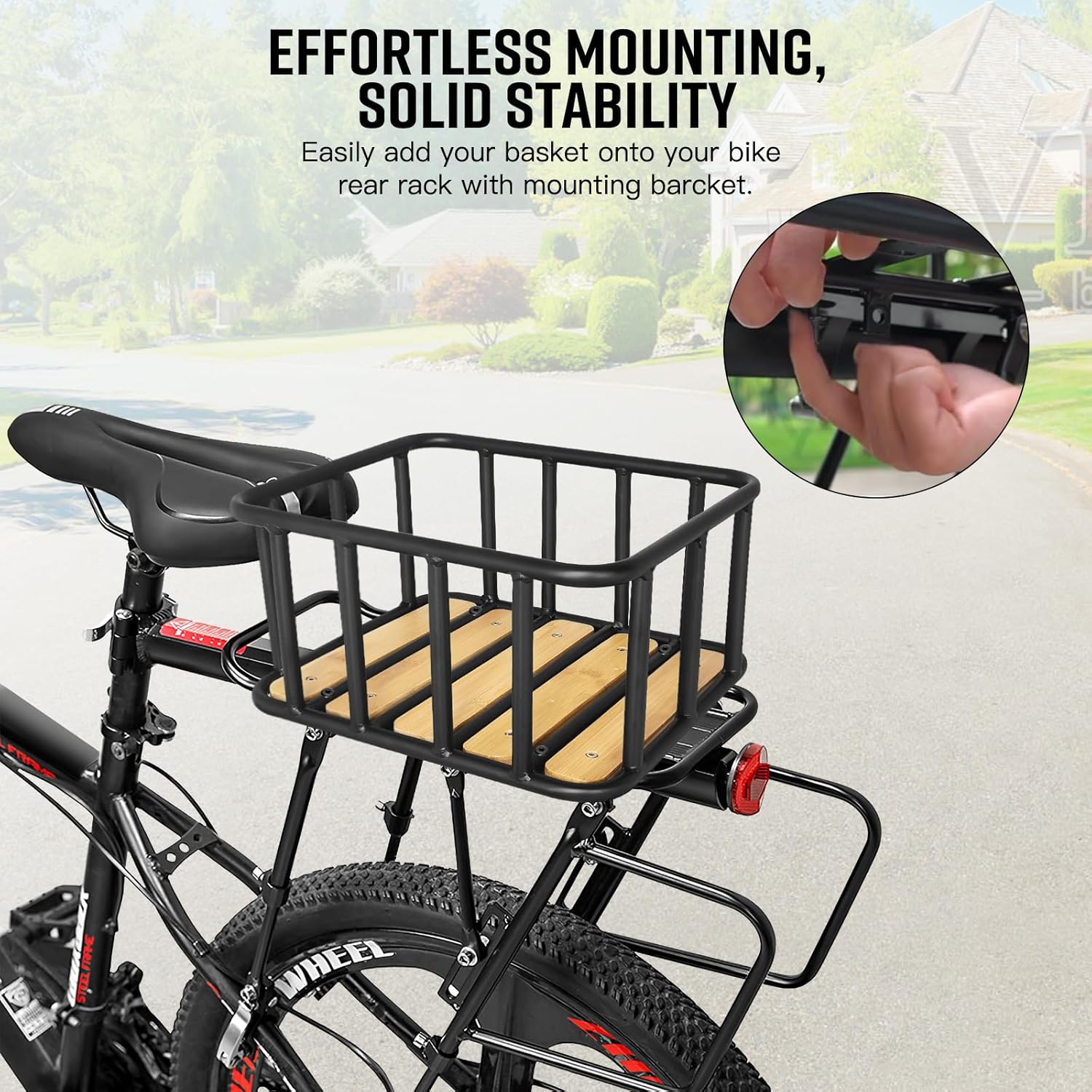 RAYMACE Bike Basket Rear, Bamboo Base Bicycle Basket with Rainproof Cover, Liner & Cargo Net, Large Capacity Rear Bike Rack Baskets Fits Most Bikes & E-Bike