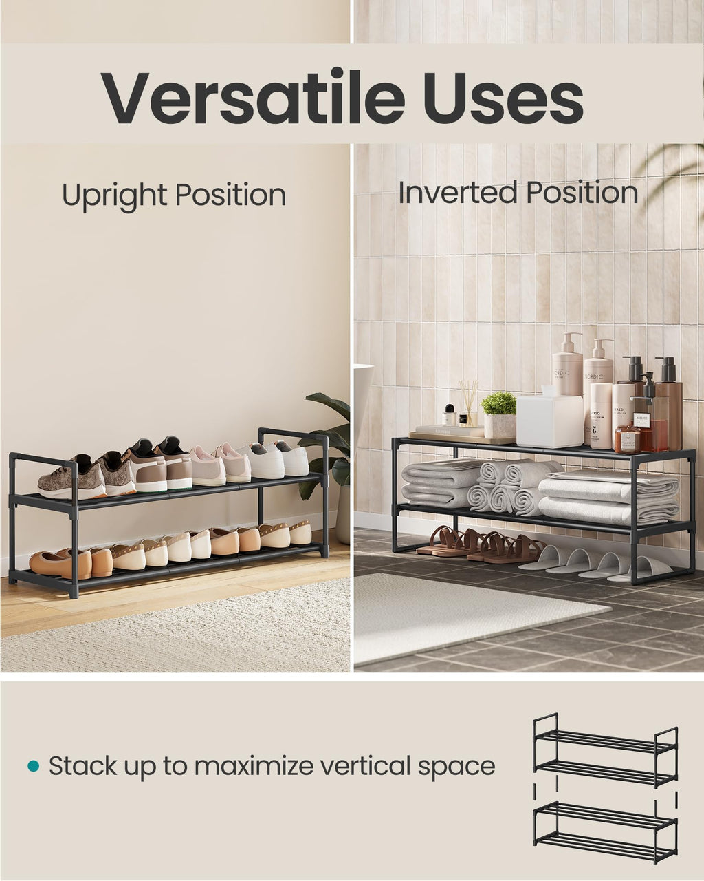 SONGMICS Shoe Rack, 3-Tier Shoe Organizer, Metal Storage Shelf, Upright or Upside Down, for 16-20 Pairs, Stackable, for Entryway, 11.8 x 36.2 x 21.7 Inches, Black ULSA303B02