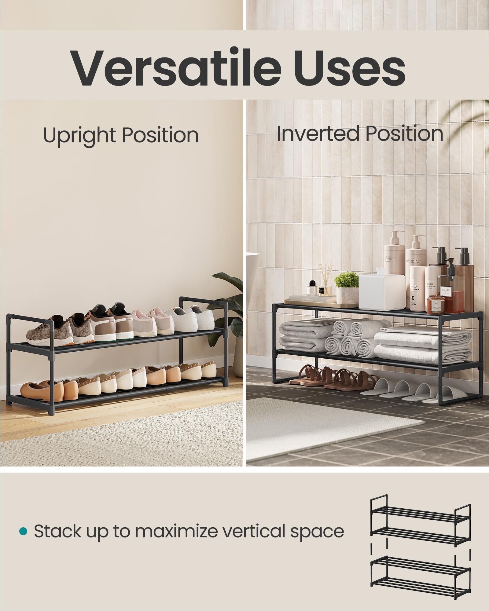 SONGMICS Shoe Rack, 3-Tier Shoe Organizer, Metal Storage Shelf, Upright or Upside Down, for 16-20 Pairs, Stackable, for Entryway, 11.8 x 36.2 x 21.7 Inches, Black ULSA303B02