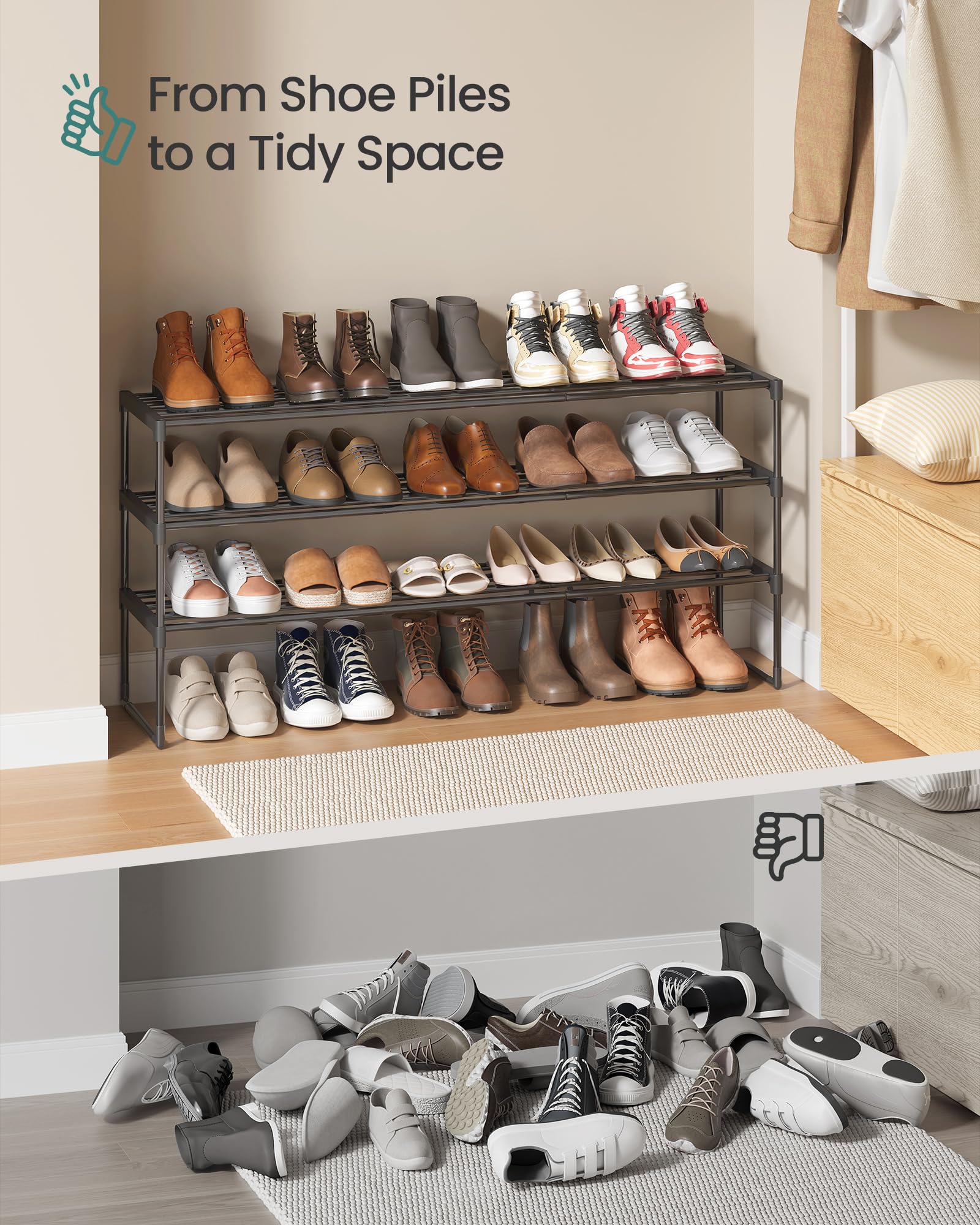 SONGMICS Shoe Rack, 3-Tier Shoe Organizer, Metal Storage Shelf, Upright or Upside Down, for 16-20 Pairs, Stackable, for Entryway, 11.8 x 36.2 x 21.7 Inches, Black ULSA303B02