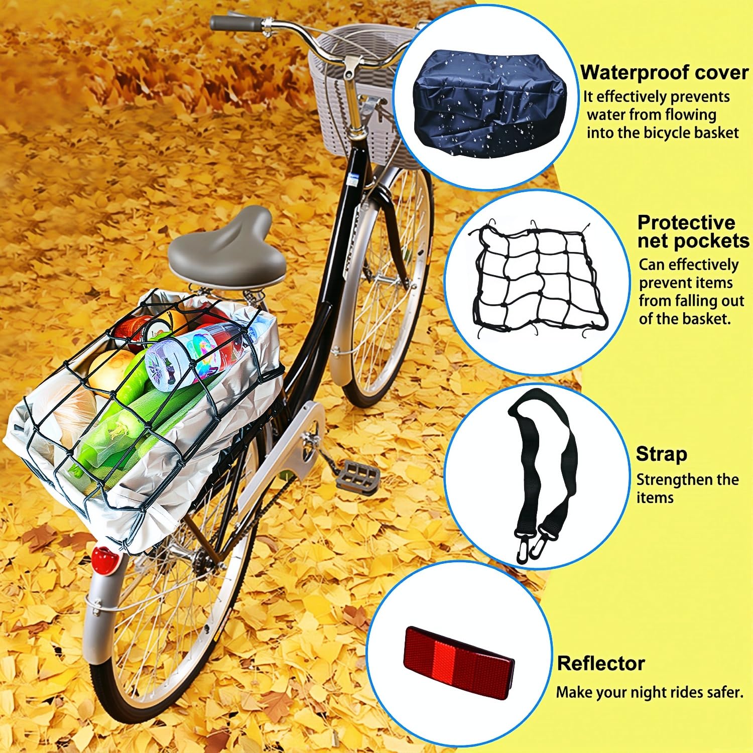 Folding Rear Bike Basket, Huntoshon Quickly Release Metal Bicycle Rack Cargo Basket with Strap & Reflective Tail Light for Most Mounted Bike Rack