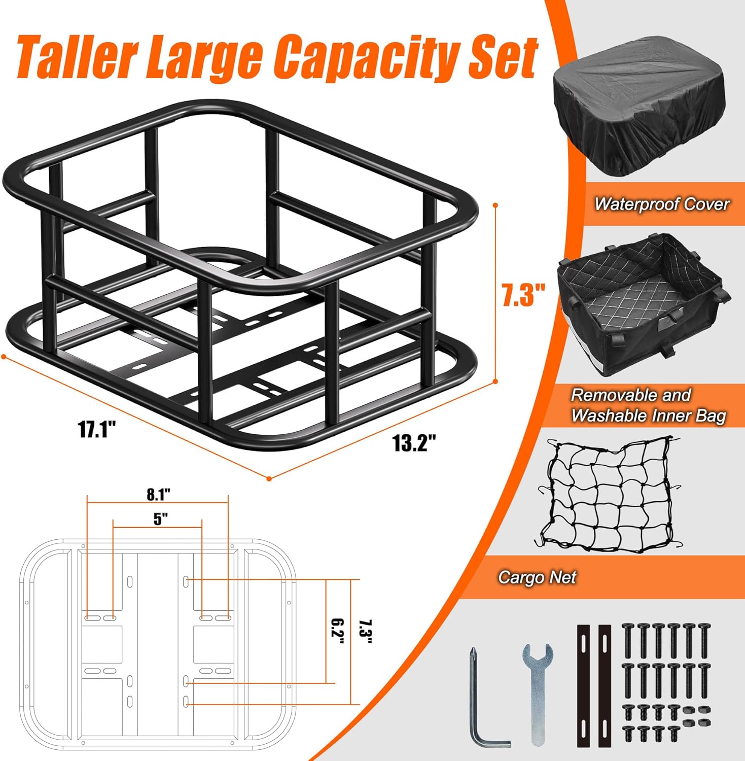 Rear Bike Basket Large Capacity - 210LBS Heavy-Duty Cargo Basket, All-Weather E-Bike & Scooter Accessories with Cover, Perfect for Grocery Hauls, Pet Transport & Commuting