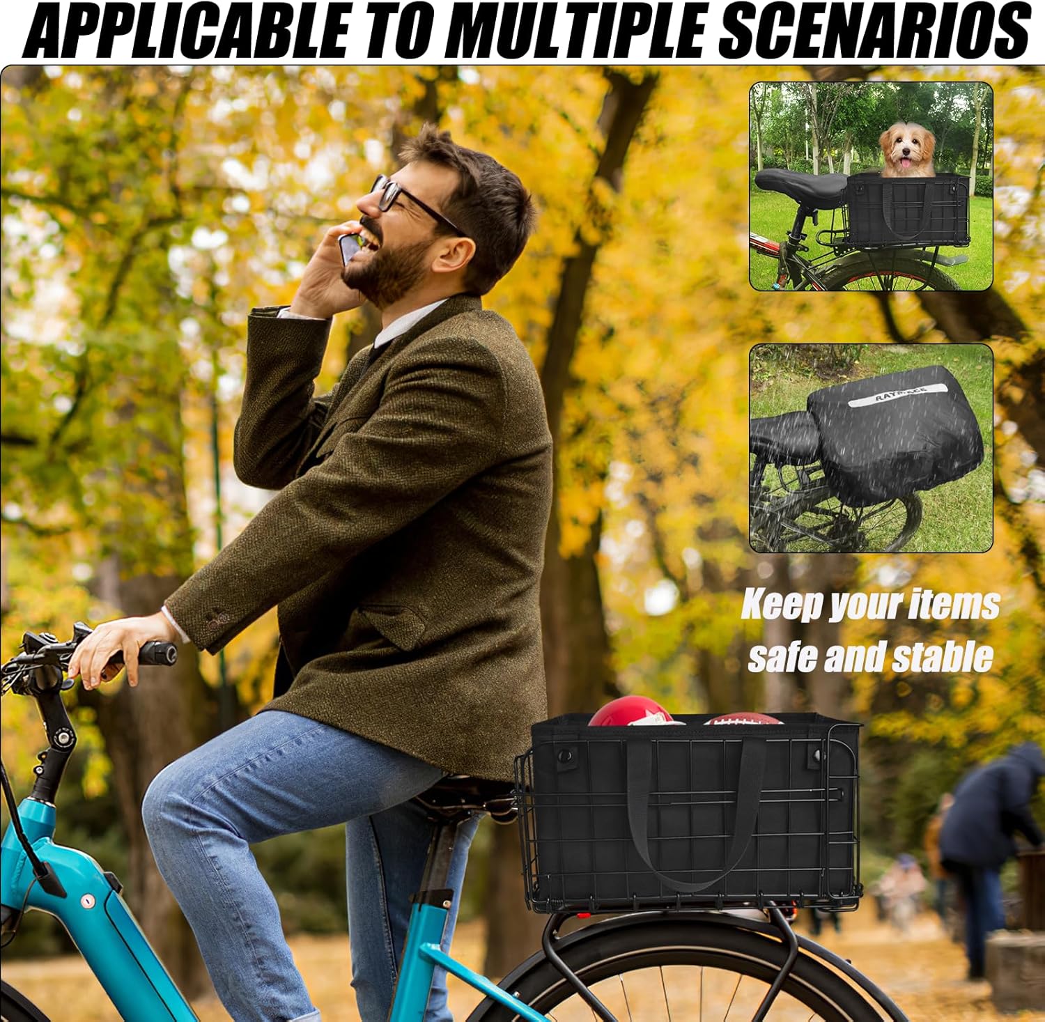 RAYMACE Bike Basket Rear,Bicycle Basket with Removable Liner,Rainproof Cover and Cargo Net,Folding Bike Baskets for Adult,Quick Release Design Fits for Most Rear Mounted Bike Rack