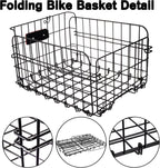 Suwimut Folding Rear Bike Basket, Quickly Release Metal Wire Bicycle Basket Cargo Rack with Strap & Reflective Tail Light for Most Mounted Bike Rack, Adult Women Men Carrying Dogs, Pets, Grocery