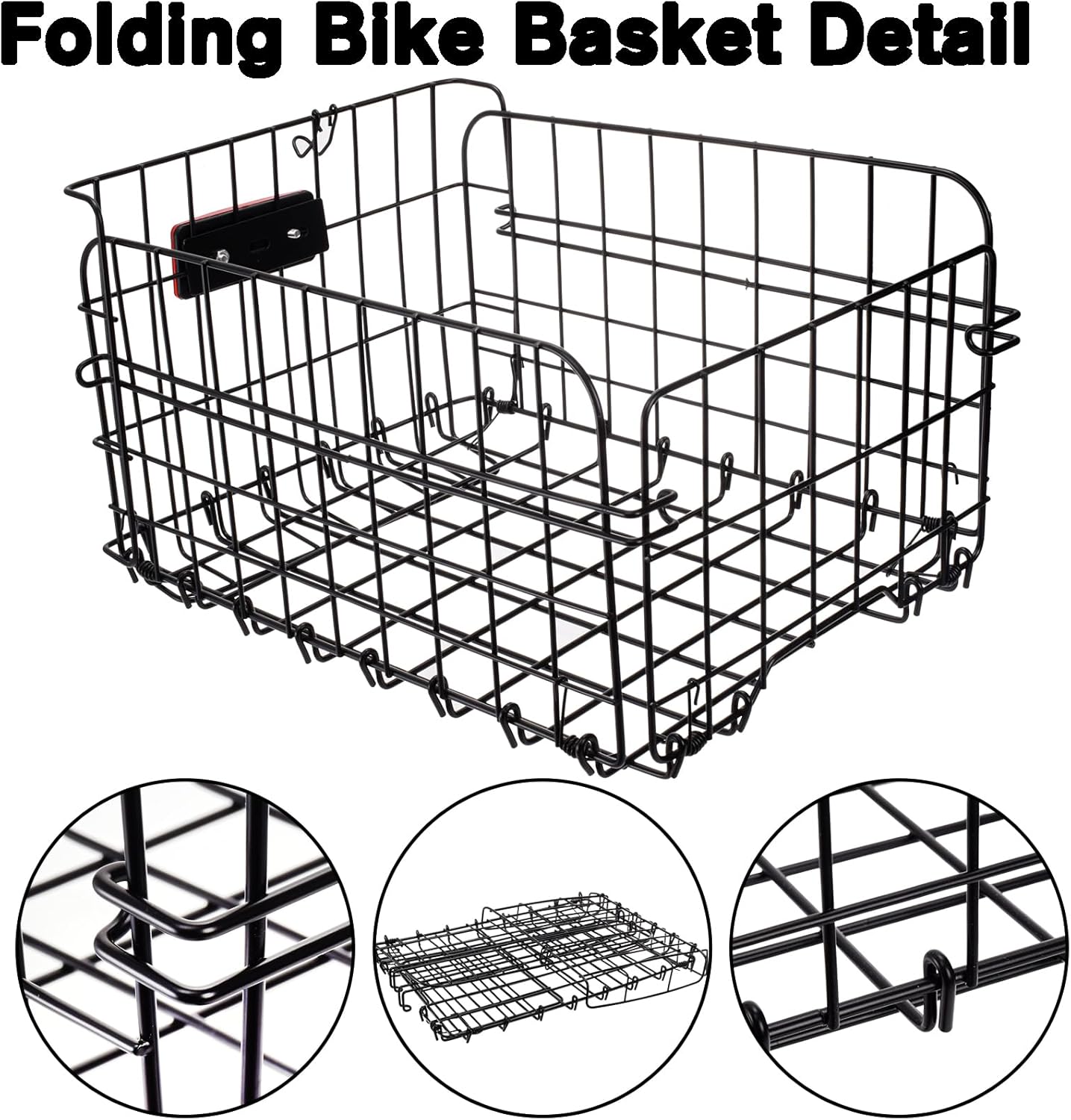 Suwimut Folding Rear Bike Basket, Quickly Release Metal Wire Bicycle Basket Cargo Rack with Strap & Reflective Tail Light for Most Mounted Bike Rack, Adult Women Men Carrying Dogs, Pets, Grocery