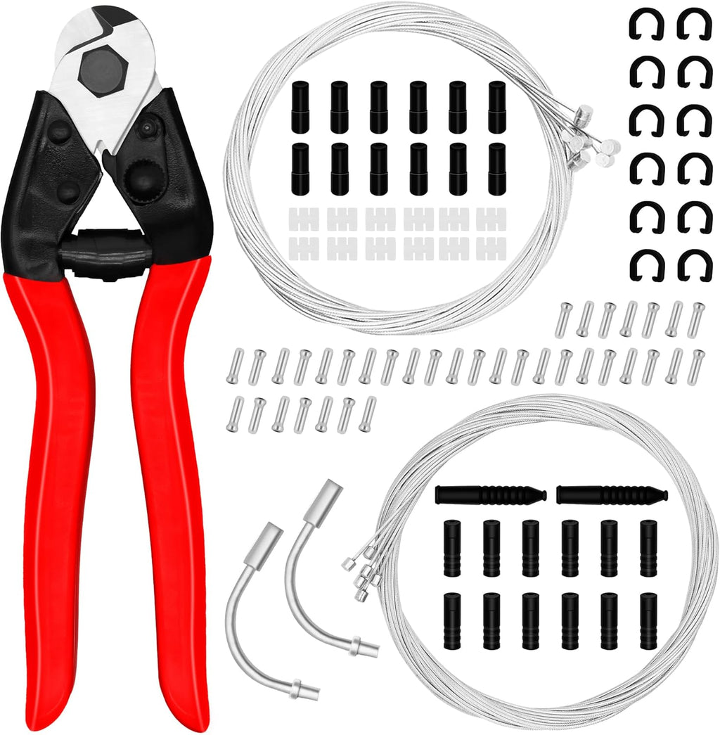 101Pcs Bike Brake Cable Kit with Stainless Steel Wire Cutter, Including Brake and Shifter Cable, Cable End Caps, O-Rings, C-Clips Clamps, Rubber Sleeve and V Brake Guide Inside