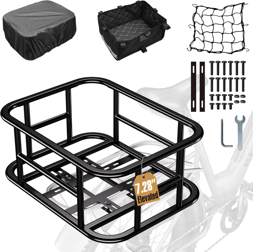 Rear Bike Basket Large Capacity - 210LBS Heavy-Duty Cargo Basket, All-Weather E-Bike & Scooter Accessories with Cover, Perfect for Grocery Hauls, Pet Transport & Commuting