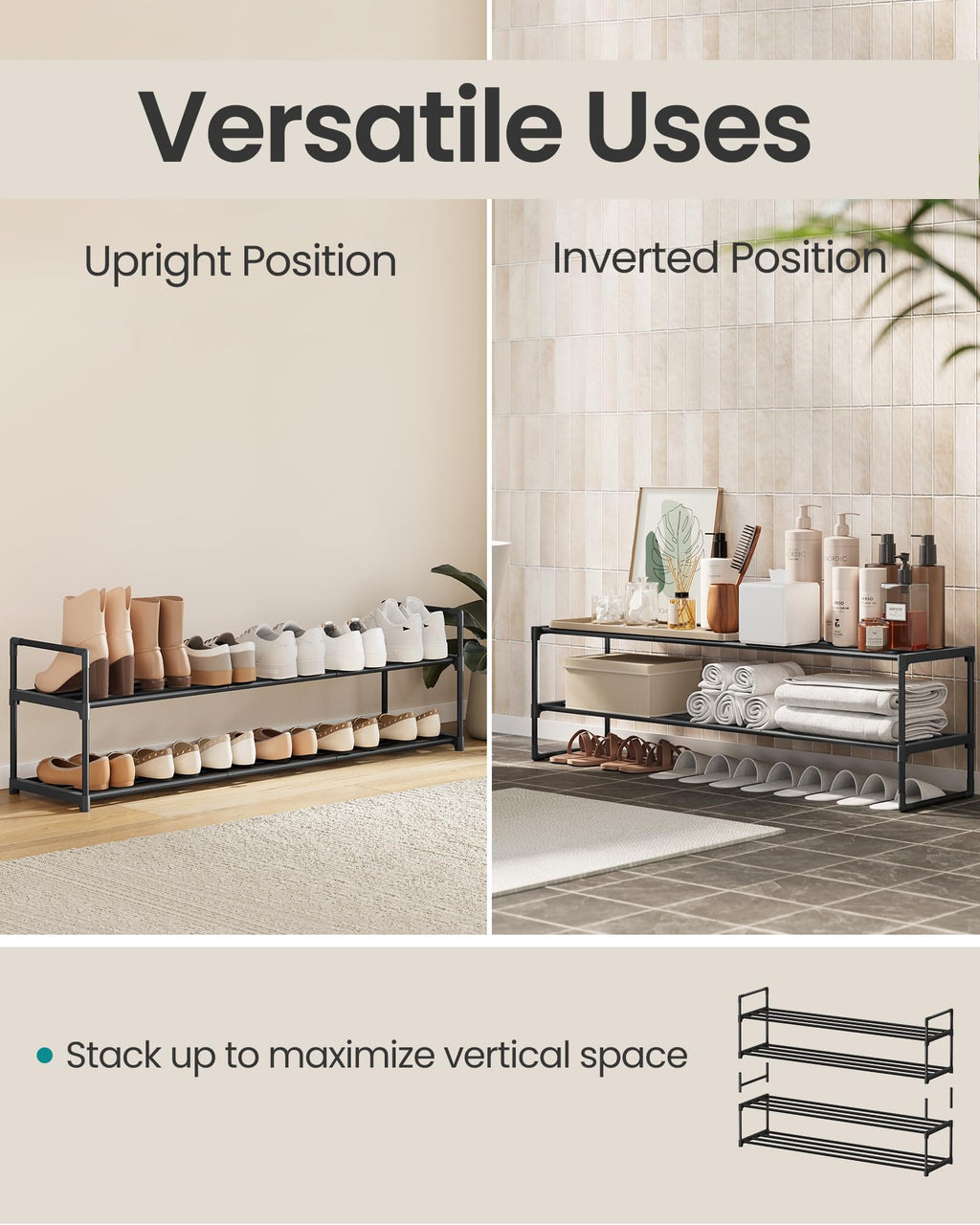 SONGMICS Shoe Rack, 3-Tier Shoe Organizer, Metal Storage Shelf, Upright or Upside Down, for 16-20 Pairs, Stackable, for Entryway, 11.8 x 36.2 x 21.7 Inches, Black ULSA303B02