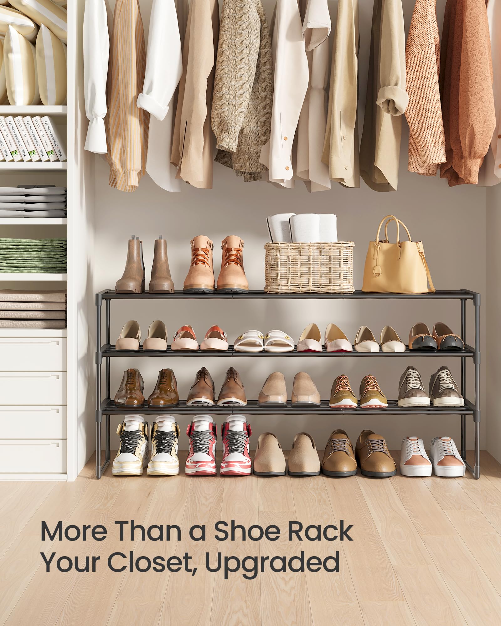 SONGMICS Shoe Rack, 3-Tier Shoe Organizer, Metal Storage Shelf, Upright or Upside Down, for 16-20 Pairs, Stackable, for Entryway, 11.8 x 36.2 x 21.7 Inches, Black ULSA303B02