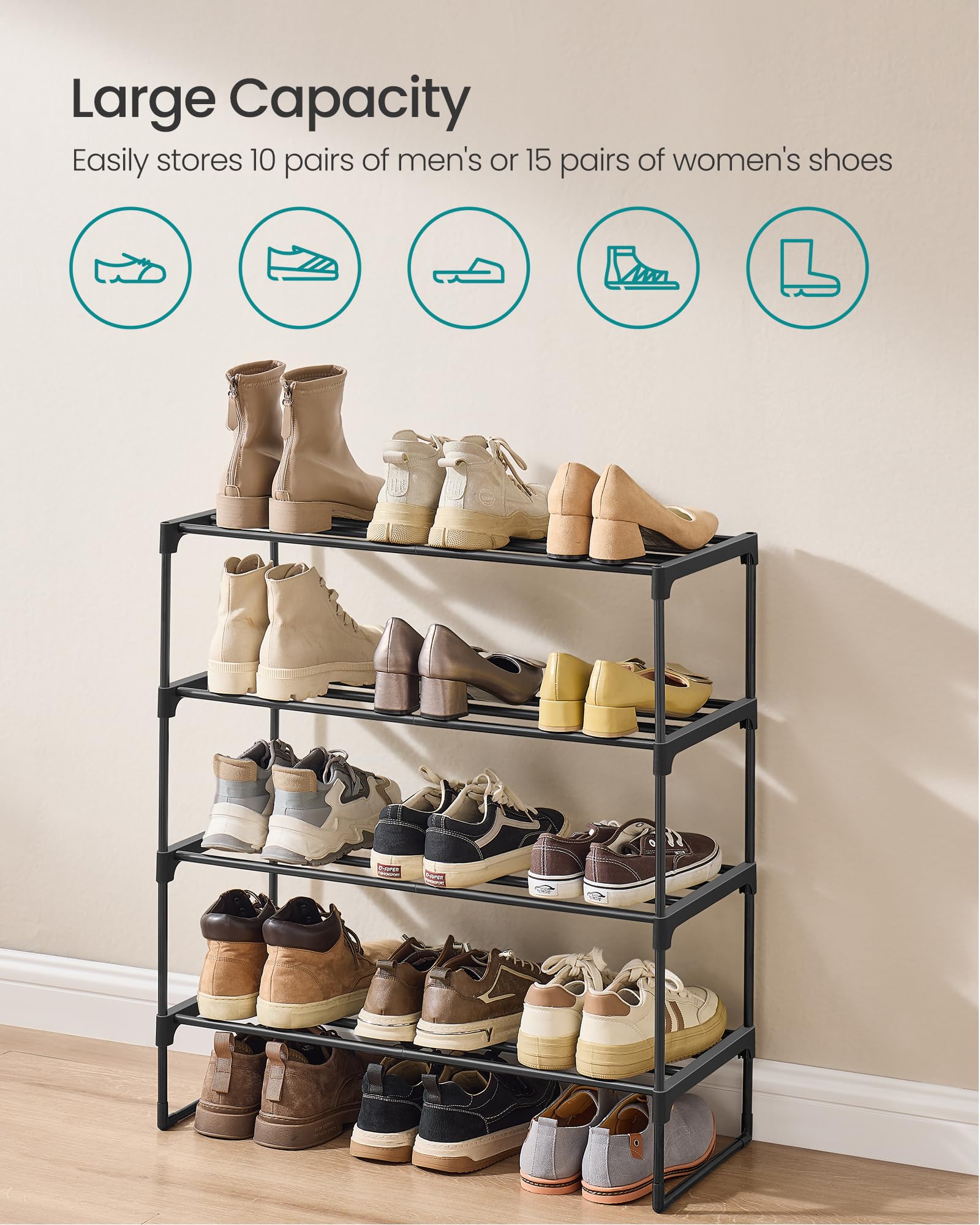 SONGMICS Shoe Rack, 3-Tier Shoe Organizer, Metal Storage Shelf, Upright or Upside Down, for 16-20 Pairs, Stackable, for Entryway, 11.8 x 36.2 x 21.7 Inches, Black ULSA303B02
