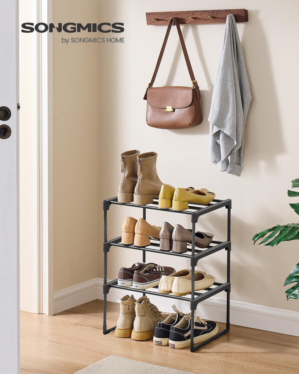 SONGMICS Shoe Rack, 3-Tier Shoe Organizer, Metal Storage Shelf, Upright or Upside Down, for 16-20 Pairs, Stackable, for Entryway, 11.8 x 36.2 x 21.7 Inches, Black ULSA303B02