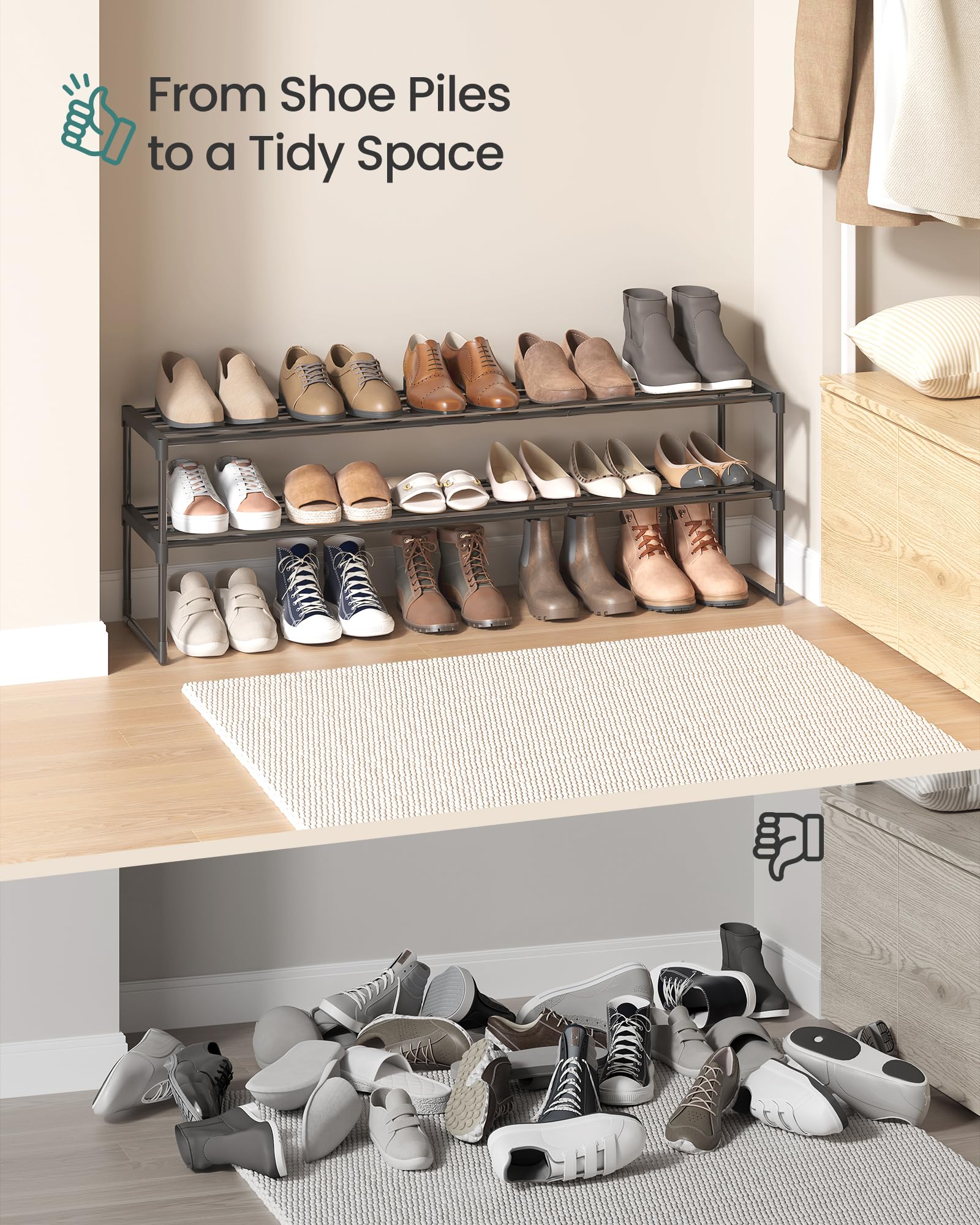 SONGMICS Shoe Rack, 3-Tier Shoe Organizer, Metal Storage Shelf, Upright or Upside Down, for 16-20 Pairs, Stackable, for Entryway, 11.8 x 36.2 x 21.7 Inches, Black ULSA303B02