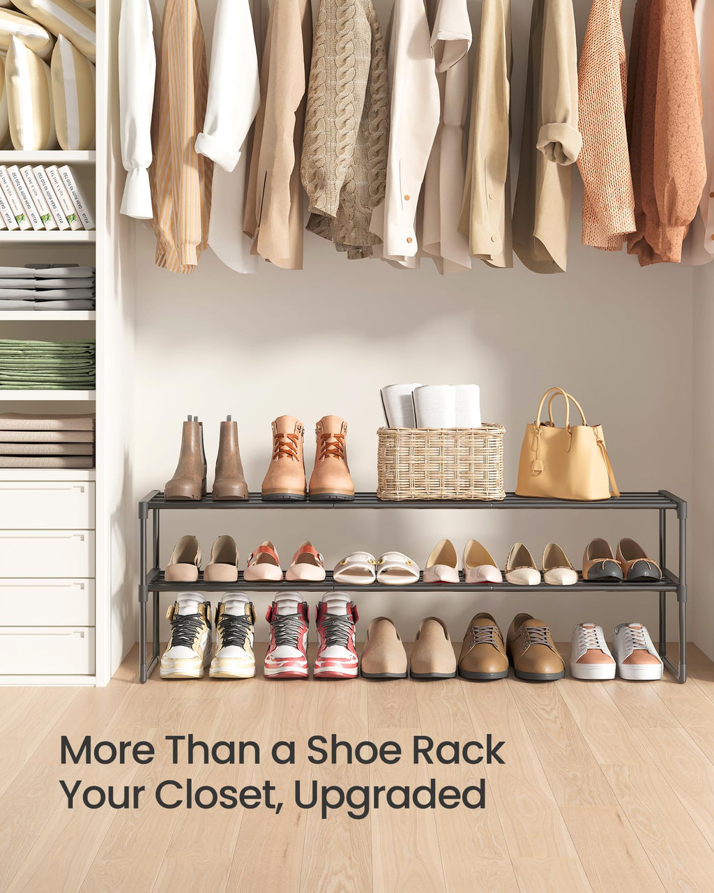 SONGMICS Shoe Rack, 3-Tier Shoe Organizer, Metal Storage Shelf, Upright or Upside Down, for 16-20 Pairs, Stackable, for Entryway, 11.8 x 36.2 x 21.7 Inches, Black ULSA303B02