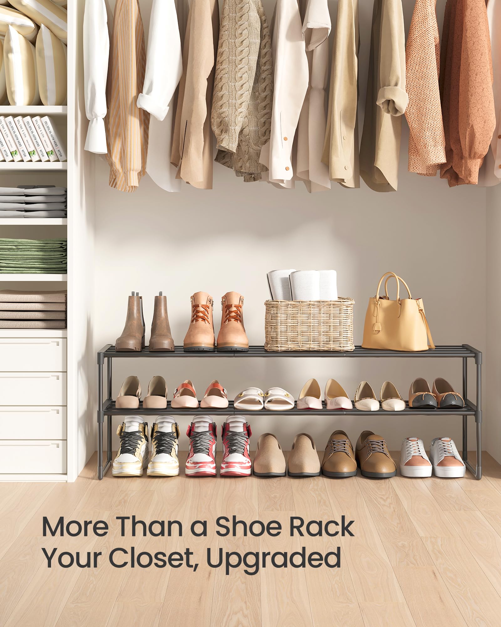 SONGMICS Shoe Rack, 3-Tier Shoe Organizer, Metal Storage Shelf, Upright or Upside Down, for 16-20 Pairs, Stackable, for Entryway, 11.8 x 36.2 x 21.7 Inches, Black ULSA303B02