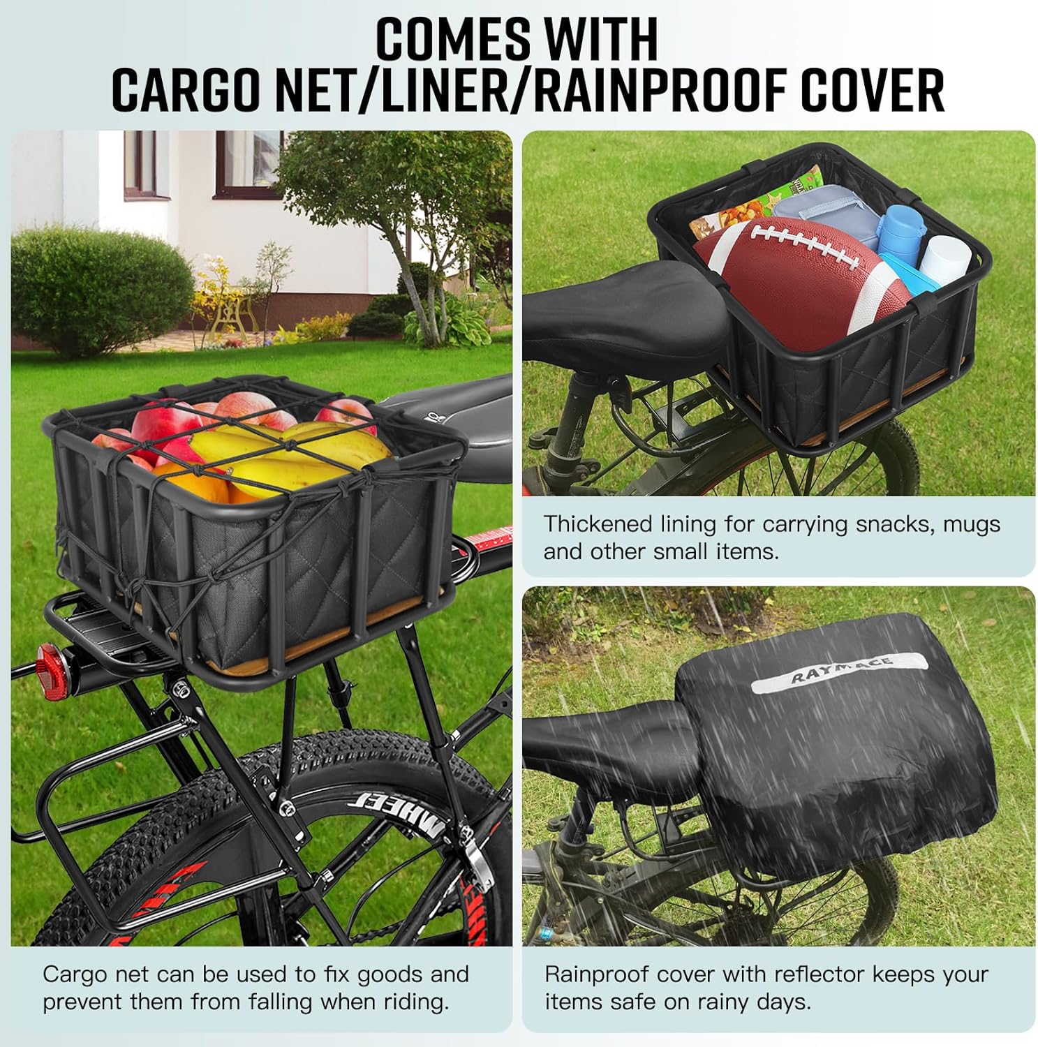 RAYMACE Bike Basket Rear, Bamboo Base Bicycle Basket with Rainproof Cover, Liner & Cargo Net, Large Capacity Rear Bike Rack Baskets Fits Most Bikes & E-Bike