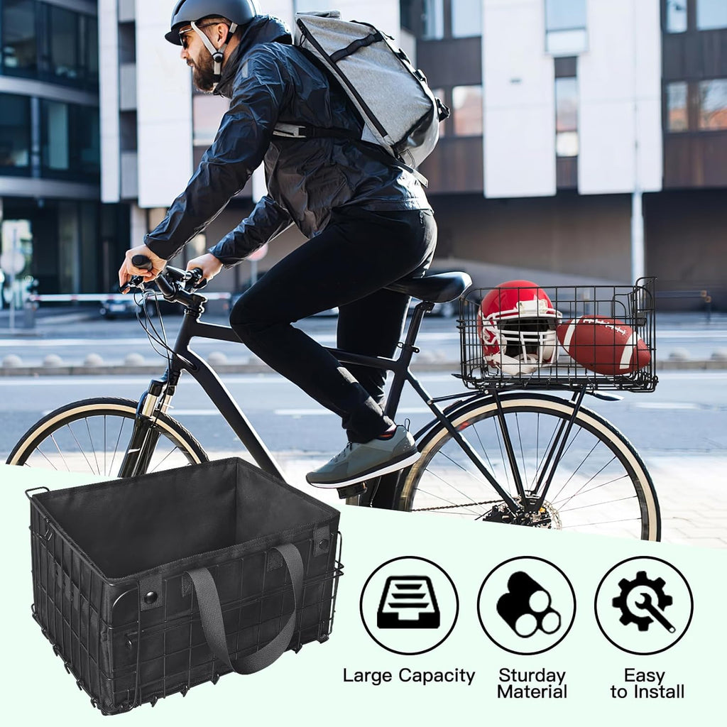 RAYMACE Bike Basket Rear,Bicycle Basket with Removable Liner,Rainproof Cover and Cargo Net,Folding Bike Baskets for Adult,Quick Release Design Fits for Most Rear Mounted Bike Rack