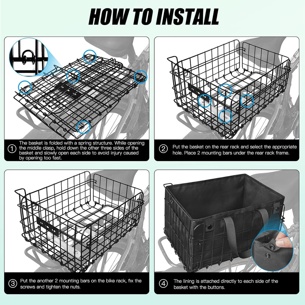 RAYMACE Bike Basket Rear,Bicycle Basket with Removable Liner,Rainproof Cover and Cargo Net,Folding Bike Baskets for Adult,Quick Release Design Fits for Most Rear Mounted Bike Rack