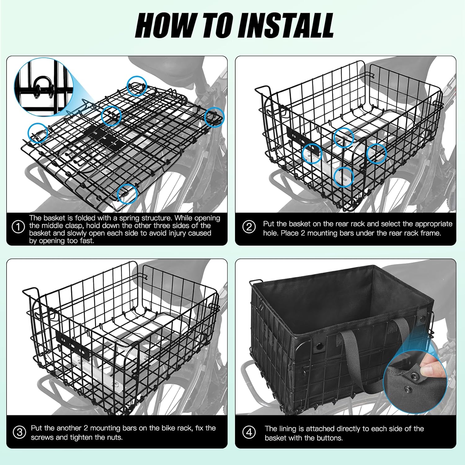 RAYMACE Bike Basket Rear,Bicycle Basket with Removable Liner,Rainproof Cover and Cargo Net,Folding Bike Baskets for Adult,Quick Release Design Fits for Most Rear Mounted Bike Rack