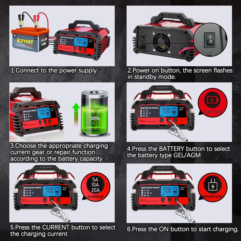 LVYUAN 25Amp Smart Car Battery Charger, 12V/24V Automotive Charger, Lead-Acid Battery, LiFePO4 Battery Maintainer with LCD Display, Trickle Charger, for Lawn Mower, Motorcycle, AGM, STD, Gel, EFB,etc